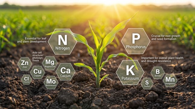 Corn sprout in soil, plant nutrition concepts, macro and micro elements infographics