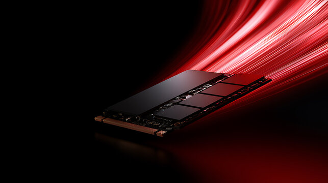 High speed data transfer concept with solid state drive and red light streak lines on dark background for technology hardware presentation