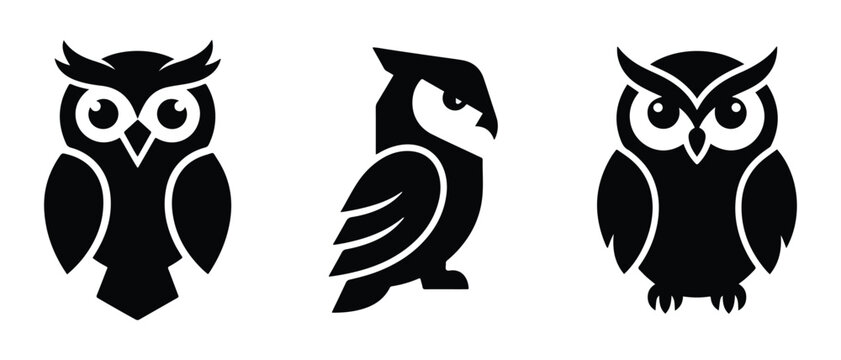Set of three stylized owl icons in black and white vector art with owl collection bird icons owl silhouettes vector owls bird graphic nature icons isolated