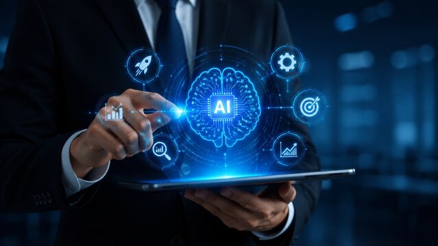 Business professional using a tablet with digital AI technology and futuristic icons for intelligent automation.