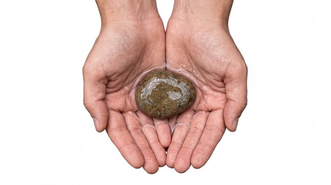 Cupped hands holding a smooth wet stone on white background