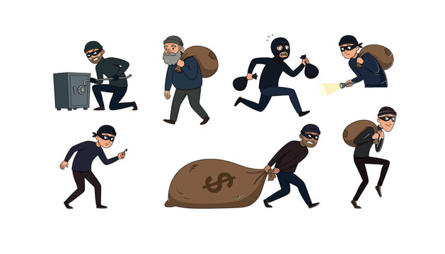 Thief and burglar cartoon character collection vector illustration set robbing safe carrying money bags running and sneaking