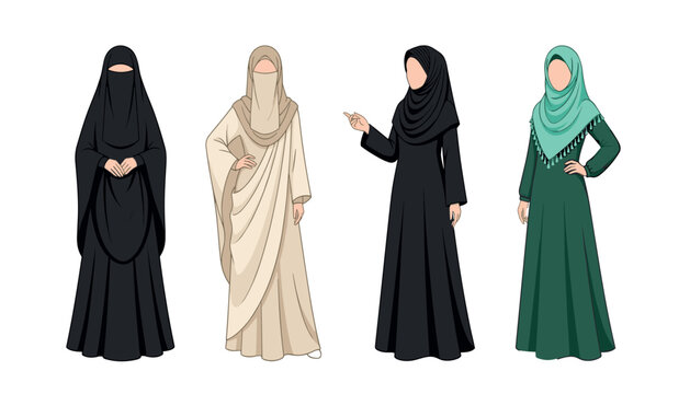 Muslim women fashion vector character set wearing traditional abaya hijab and niqab isolated on white background