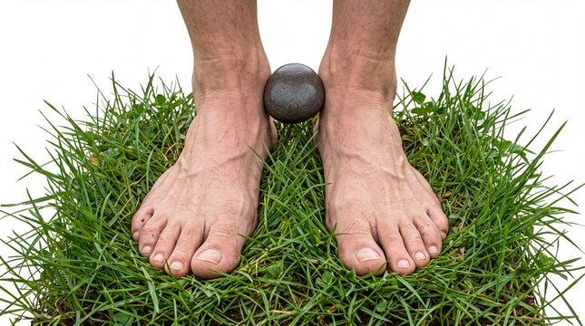 Bare feet standing on green grass with a zen stone