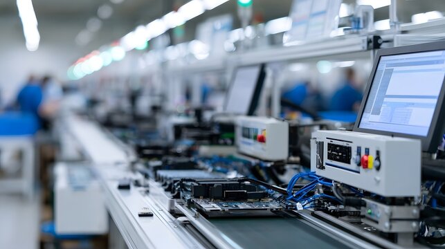 A modern electronics assembly line with automated hinery and computer monitors in a clean industrial facility