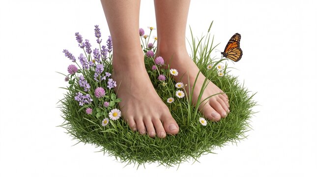 Bare human feet standing on green grass with spring wildflowers