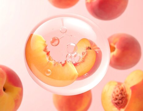 Fresh Peaches in Water Droplet Macro Photography.