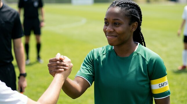 Female soccer captain shaking hands before match kickoff on professional grass field.