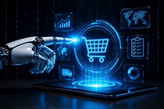 Futuristic robotic hand interacting with digital procurement concepts on a tablet screen.