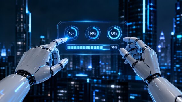 AI system update and machine learning model training with progress bar and loading icons.