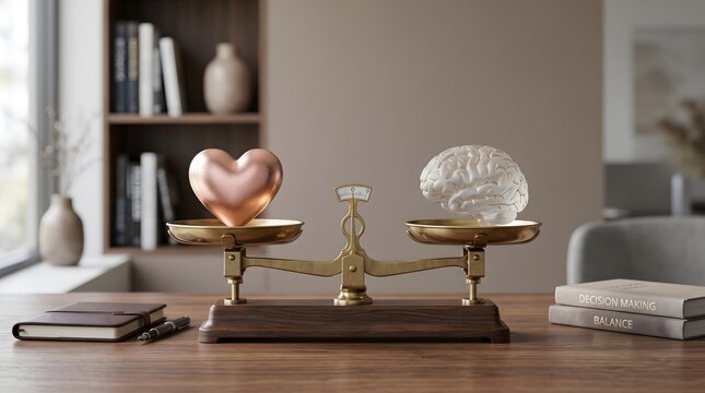 Heart and brain symbols balanced on a scale representing decision making and emotional intelligence