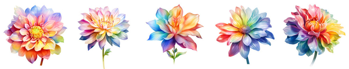 Obraz premium Five vibrant watercolor dahlia flowers in a row with rainbow colored petals and green stems