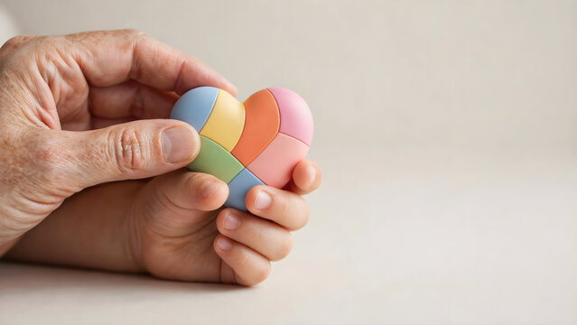 Hands holding colorful heart puzzle representing care support and connection
