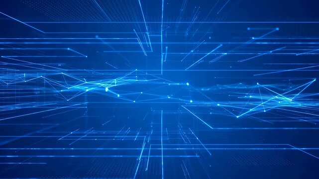 Blue digital network lines flow through a glowing abstract grid in virtual space. Technology presentations, cybersecurity media, and software promotional content.