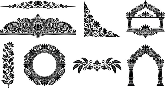 A collection of black and white ornamental design elements featuring intricate floral patterns, lotus motifs, decorative borders, arches, and frames for traditional artistic projects.