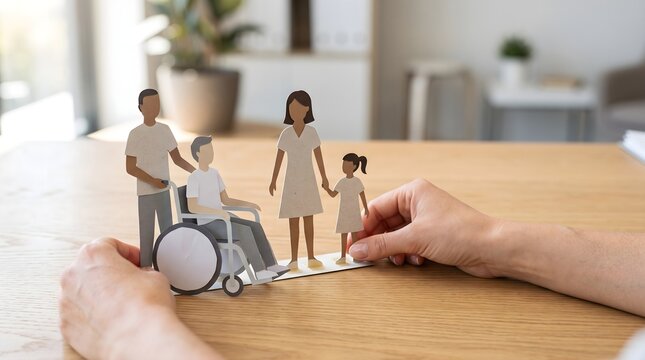 Hands supporting paper family with wheelchair symbol for accessibility care concept