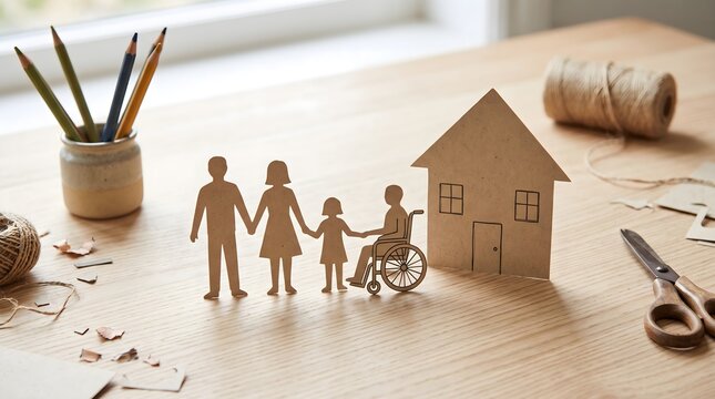 Inclusive family paper cutout with wheelchair symbol for support and accessibility concept
