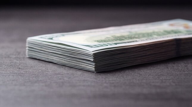 A stack of one hundred dollar bills lies on a dark wooden surface, captured from a low-angle side perspective with selective focus. Soft directional lighting highlights the currency texture