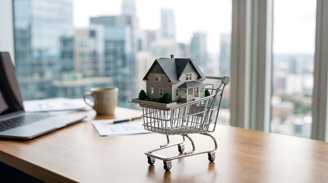 Miniature house in shopping cart concept for property purchase and housing market