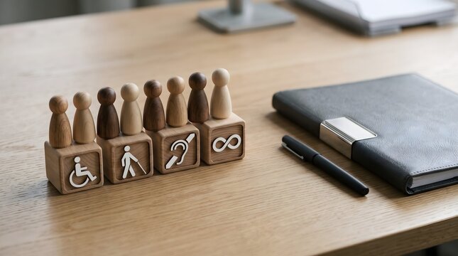 Wooden figures with accessibility symbols representing inclusive design and equal access