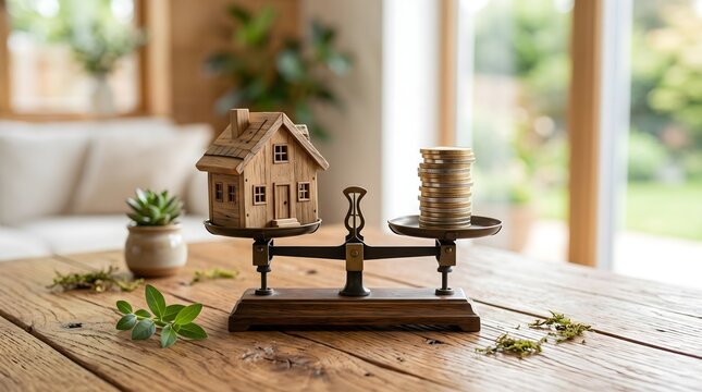 Wooden house model with coins representing property investment and savings concept