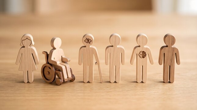 Wooden human figures standing together representing equality diversity and social inclusion