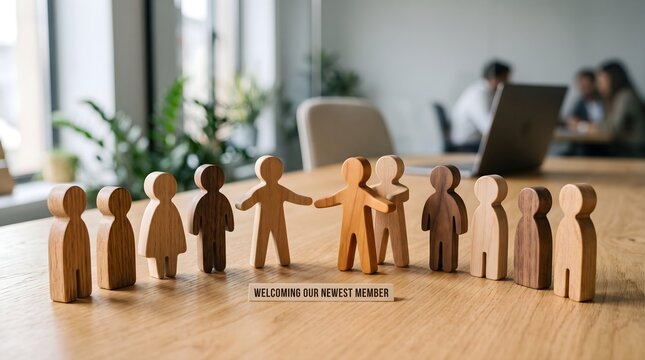 Wooden human symbols gathered around welcoming sign representing team membership and community connection