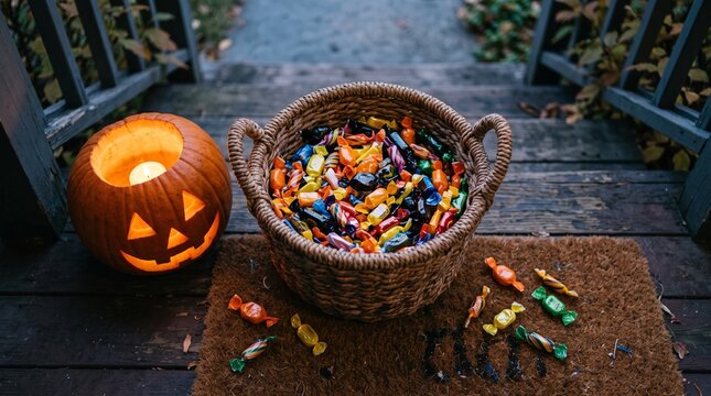 Carved jack-o'-lantern and basket of Halloween candy sitting on a wooden porch.