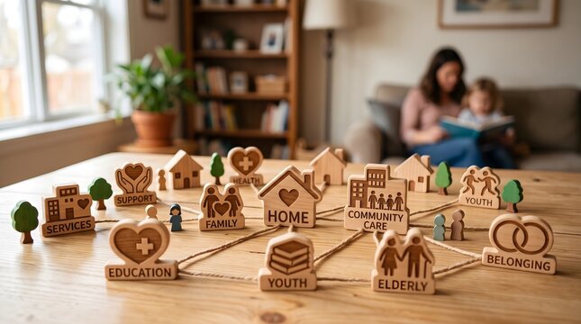 Wooden community symbols connected with lines representing social support network and relationships