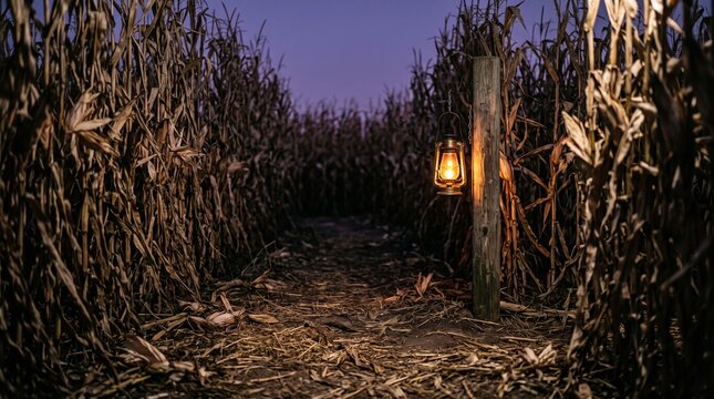 Vintage lantern illuminating mysterious path in corn maze at dusk
