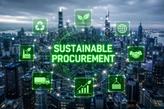 Sustainable procurement concepts illustrated with digital icons over a modern cityscape