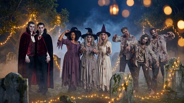 Diverse group of vampires witches and zombies posing in graveyard for Halloween party