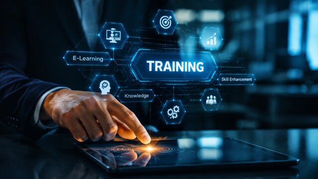 Modern digital training concept featuring e-learning and skill enhancement via tablet.
