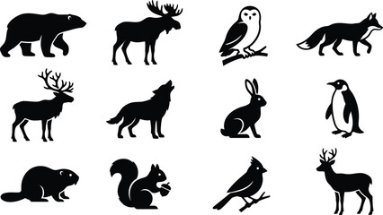 Obraz premium Set of wild animal silhouettes including bear moose owl fox wolf rabbit penguin beaver squirrel and deer vector icons
