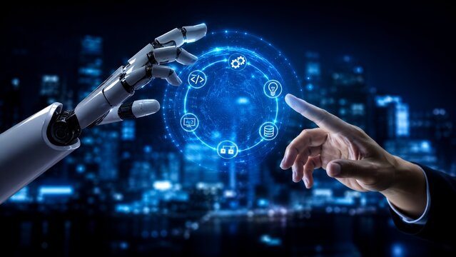 Futuristic robotic hand interacting with software development life cycle icons in a high-tech background.