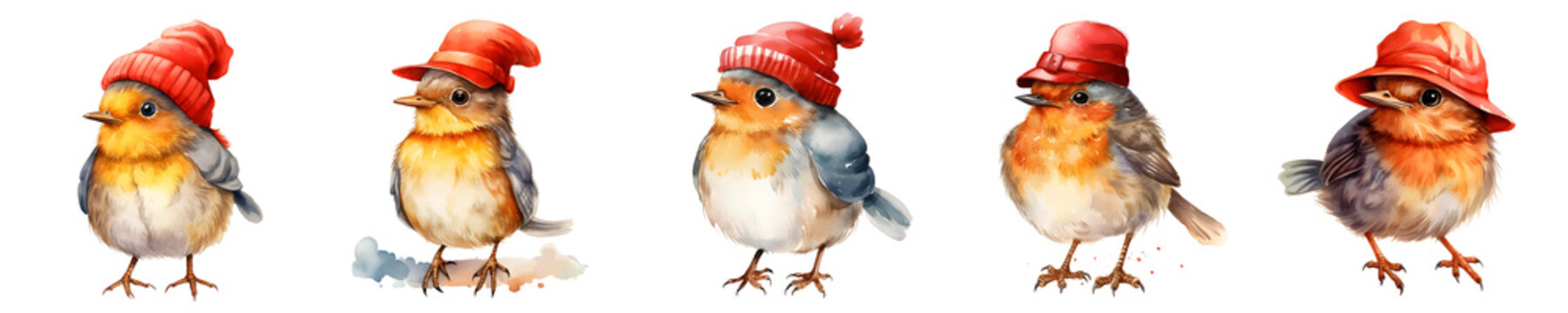 Collection of adorable robins wearing red hats on a black background