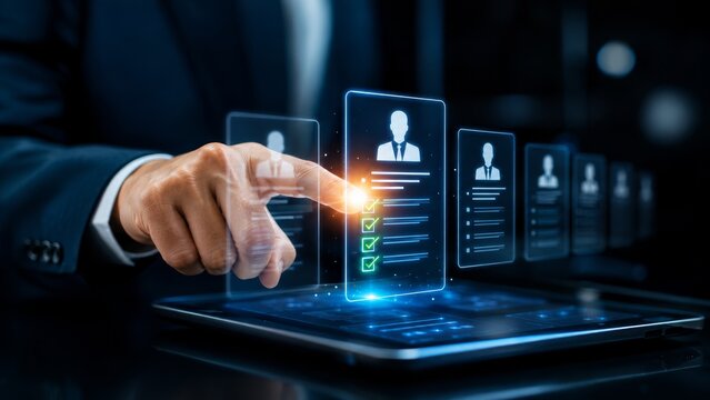 Digital interface for employee recruitment featuring virtual resume review in a modern workspace.