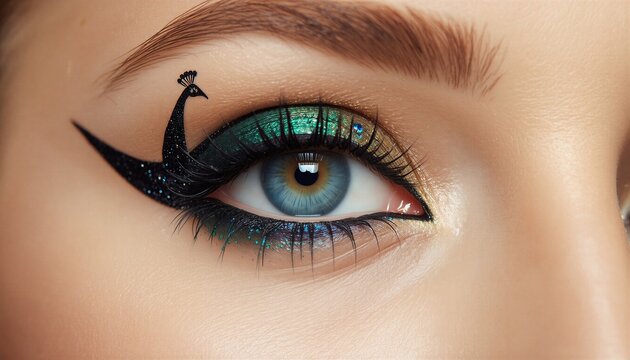 Stunning avant-garde eye makeup with a graphic eyeliner shaped like a majestic peacock, creative beauty macro photography
