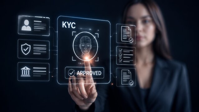 Digital KYC interface showing face verification and approved status for financial security.