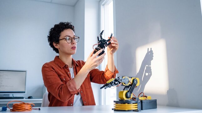 Robotics engineer inspecting an articulated robotic gripper in a sunlit white laboratory, holding the prototype hand up to the light beside a desktop robot arm