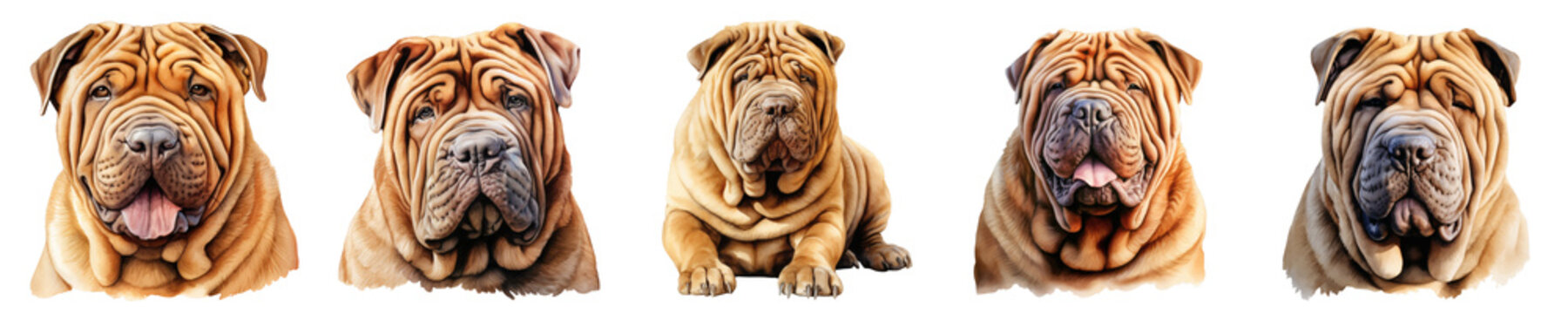 Group of tan shar pei dogs with wrinkled skin poses in front of black backdrop
