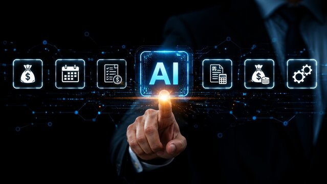 Innovative financial management through artificial intelligence featuring money, time, taxes, and data analysis icons.