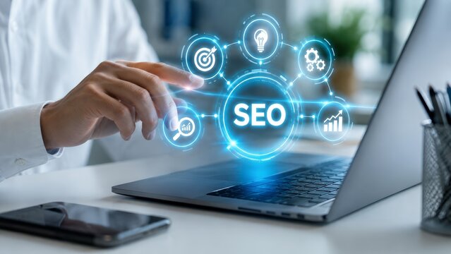 Businessman interacting with a laptop displaying SEO strategies in a modern workspace.