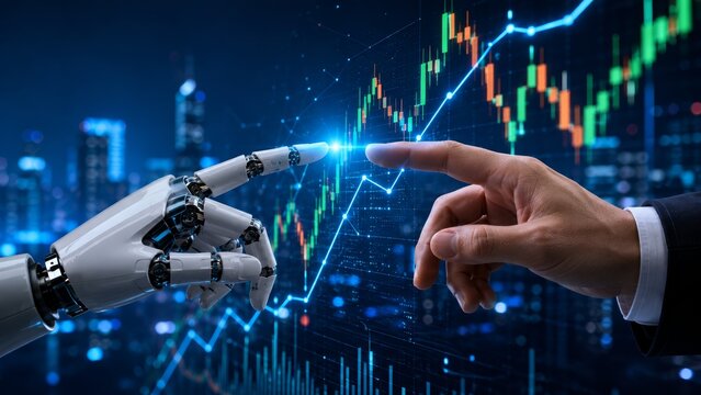 Human hand and robot arm interacting with digital graphs displaying financial growth in advanced technology.