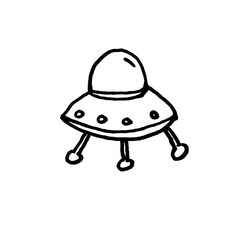 Hand Drawn Flying Saucer UFO Doodle Sketch Black Outline Space Cartoon Ship Icon © Mah
