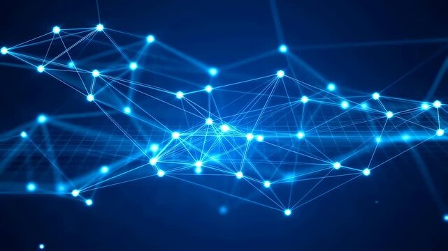 Glowing nodes and connecting lines form a shifting digital network across a dark blue abstract field. Technology presentations, telecommunications marketing, and cybersecurity explainers.