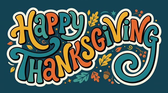 Happy Thanksgiving colorful hand drawn lettering typography design with decorative autumn leaves and fall season elements