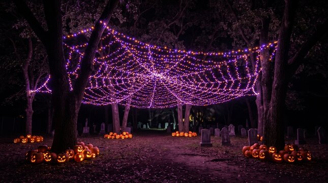 Glowing spiderweb light installation and carved pumpkins in cemetery at night.