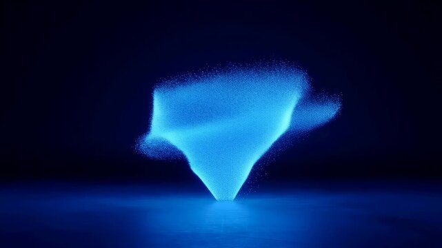 Glowing blue particle vortex morphs above a dark reflective surface. Technology presentations, digital transformation campaigns, and science education.