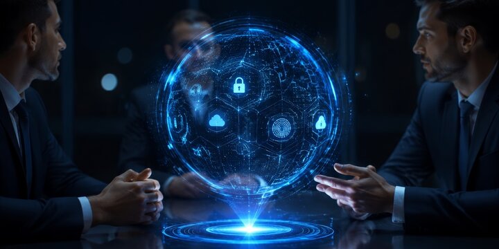 Business professionals interacting with advanced quantum cryptography technology in a modern conference setting.